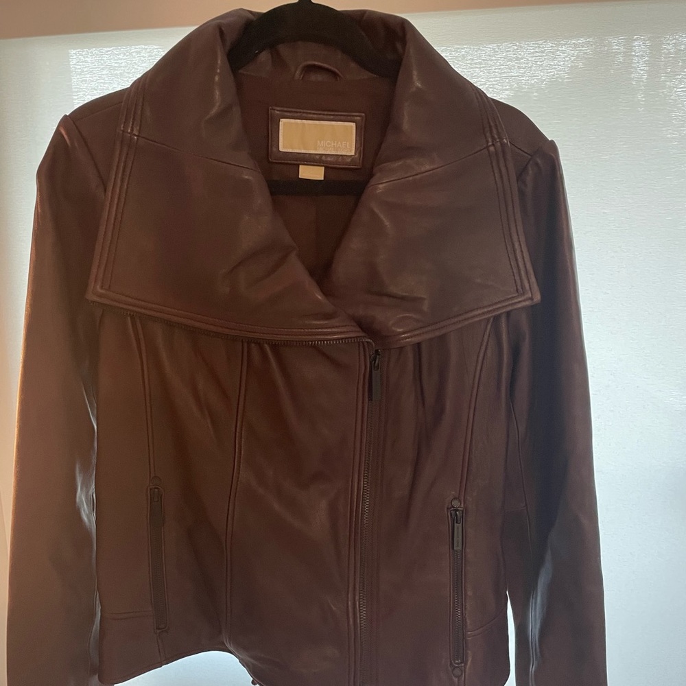 Michael Kors leather biker jacket, wine colored with black hardware, size L